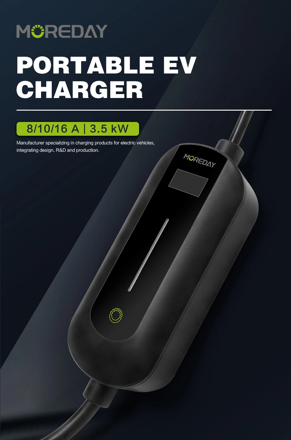 IP67 Electric Car on Board Battery Chargers 3.5kw Max 16A Adjustable Current Portable EV Charger Silver Plated Copper Wire